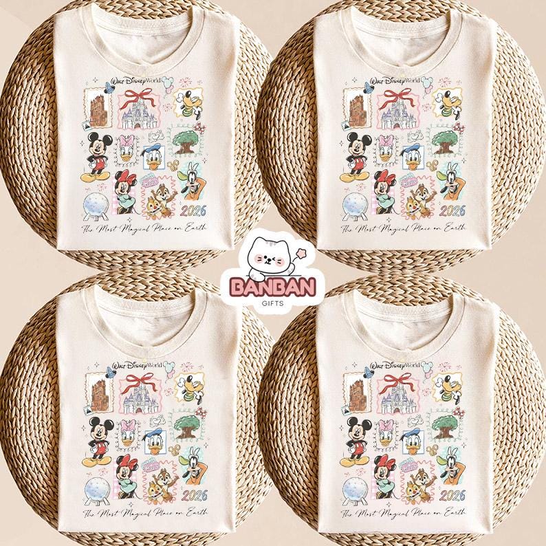 The image is a collage of four identical white t-shirts, each featuring a Disney-themed design with various Disney characters and the text "Disneyworld" and "The Most Magical Place on Earth".