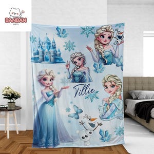 A large sheet featuring illustrations of various characters from the Disney movie Frozen, including Elsa, Olaf, and other popular characters. The sheet also includes snowflakes and a castle, adding to the overall theme of the design.
