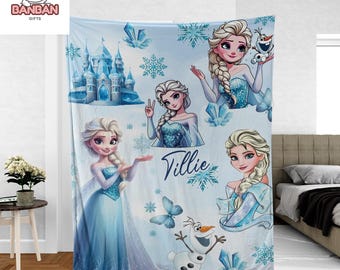 Frozen Elsa Personalized Blanket, Custom Name Elsa Olaf Throw, Disney Princess Blanket for Girls