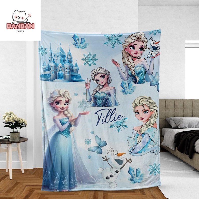 A large sheet featuring illustrations of various characters from the Disney movie Frozen, including Elsa, Olaf, and other popular characters. The sheet also includes snowflakes and a castle, adding to the overall theme of the design.
