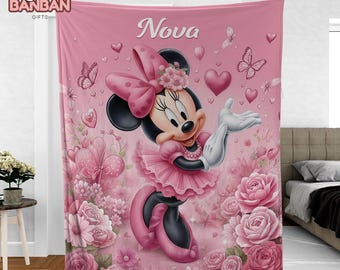 Personalized Minnie Mouse Blanket | Custom Name Pink Throw | Girls Bedroom Decor | Disney Gift