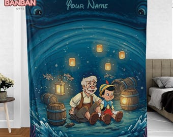 Personalized Disney Pinocchio Blanket, Custom Name Fairy Tale Throw Blanket, Pinocchio Movie Gift, Disney Kids Bedroom Decor