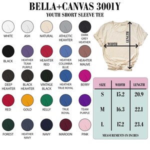 The image is a collage of various short sleeve t-shirt designs, each with a different color and size, along with a size chart and measurements.