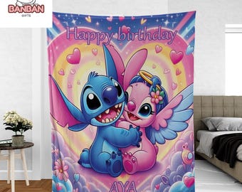 Personalized Stitch Angel Happy Birthday Blanket, Custom Name Disney Lilo Stitch Throw, Cute Birthday Gift for Kids
