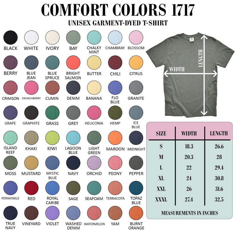 The image is a color swatch for a unisex garment-dye t-shirt, featuring a variety of different colored t-shirts alongside their corresponding measurements.