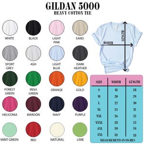 The image is a collage of various t-shirt colors and sizes, along with a table of measurements for the t-shirt.