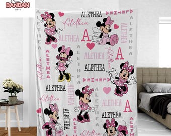 Minnie Mouse Name Blanket, Repeating Name Minnie Throw, Personalized Disney Girl Blanket