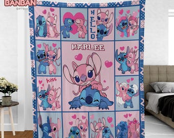 Personalized Stitch and Angel Blanket | Custom Name Lilo & Stitch Throw | Couple Pink Fleece Gift