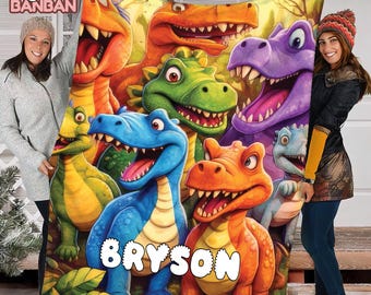 Personalized Dinosaur Blanket for Kids, Custom Name Dino Fleece Blanket, Cute Cartoon Dinosaur Gift for Boys, Birthday Blanket