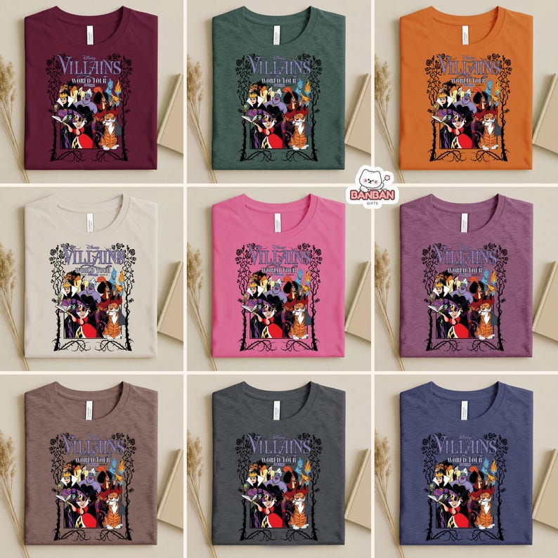 The image is a collage of nine t-shirts, each featuring a different color and design, all with the same central theme of the Villains from the Disney animated film.