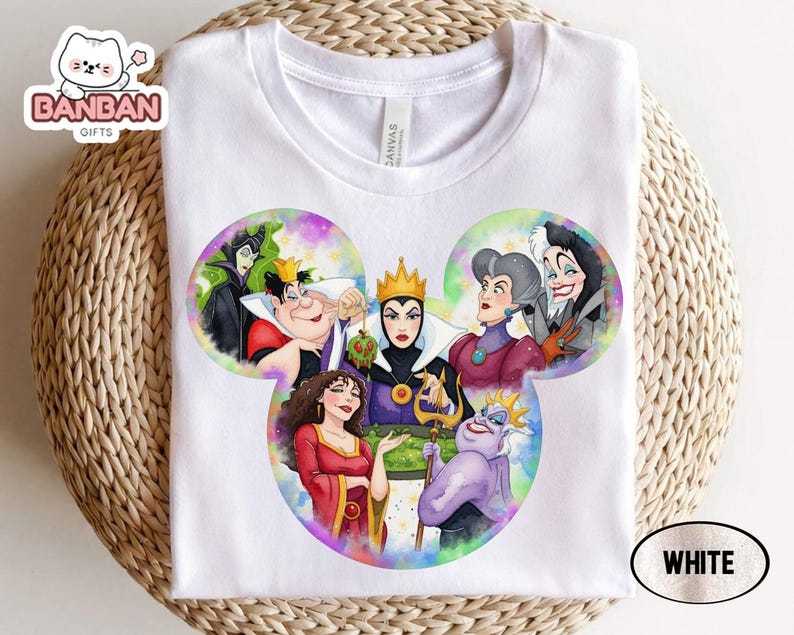 A white t-shirt with a colorful illustration of Disney characters from the Disney film "The Dark Knight" displayed on it.