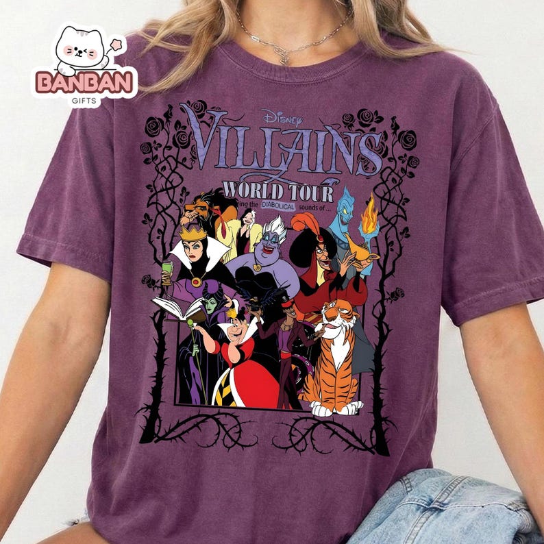 A purple t-shirt with a graphic design featuring characters from the Disney animated film " Villains".