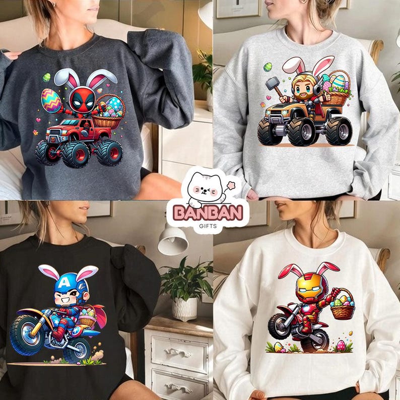 The image is a collage of four different images featuring cartoon characters, including a person riding a motorcycle, a person riding a motorcycle with a basket of Easter eggs, a person riding a motorcycle with a basket of Easter eggs, and a person riding a motorcycle with a basket of Easter eggs.