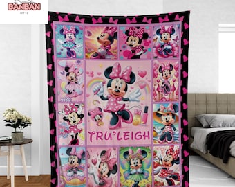 Minnie Mouse Personalized Blanket, Custom Name Minnie Collage Throw, Disney Girl Room Decor