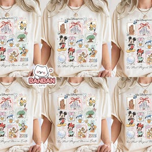 The image is a collage of six images featuring people wearing Disney-themed t-shirts. The t-shirts are adorned with various Disney characters and logos, including Mickey Mouse, Donald Duck, and other iconic figures. The collage is a creative display of Disney merchandise, showcasing the brand's influence and appeal.