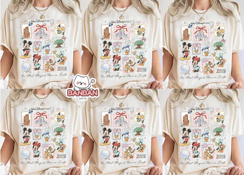 The image is a collage of six images featuring people wearing Disney-themed t-shirts. The t-shirts are adorned with various Disney characters and logos, including Mickey Mouse, Donald Duck, and other iconic figures. The collage is a creative display of Disney merchandise, showcasing the brand's influence and appeal.