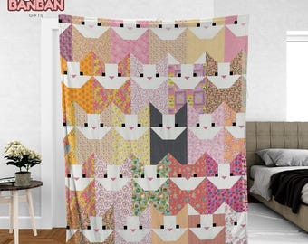 Quilt Cat Blanket, Cute Patchwork Cat Throw, Colorful Cat Lover Gift, Cozy Kitty Quilt Style Blanket for Bedroom Decor
