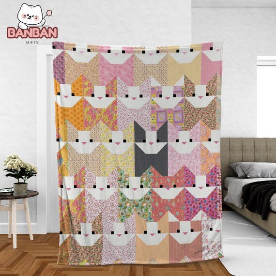 Quilt Cat Blanket, Cute Patchwork Cat Throw, Colorful Cat Lover Gift, Cozy Kitty Quilt Style Blanket for Bedroom Decor