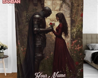 Medieval Knight Romance Blanket, Personalized Fantasy Love Blanket, Knight and Lady Rose Art Throw, Custom Name Gothic Fairytale Gift