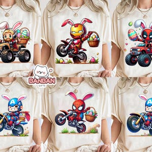The image is a collage of six different cartoon-style illustrations of people riding on motorcycles, each featuring a unique character. The characters include a bunny, a superhero, and a cat. The illustrations are arranged in a grid format, with each row containing three images. The characters and motorcycles are depicted in a playful and colorful manner, creating a visually engaging collage.