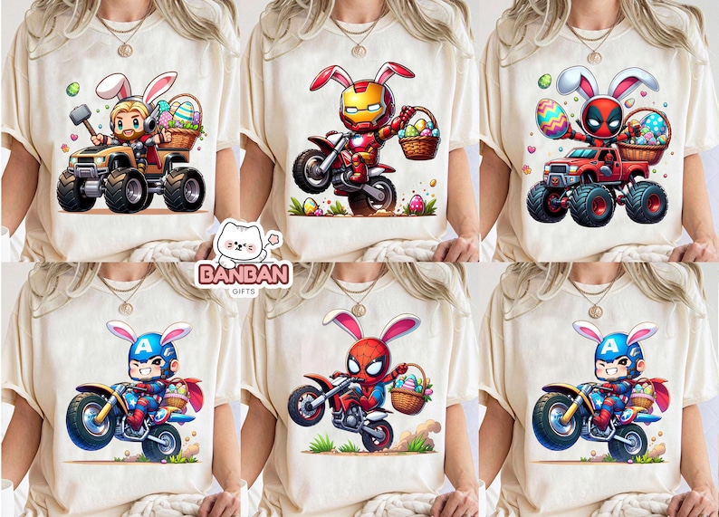 The image is a collage of six different cartoon-style illustrations of people riding on motorcycles, each featuring a unique character. The characters include a bunny, a superhero, and a cat. The illustrations are arranged in a grid format, with each row containing three images. The characters and motorcycles are depicted in a playful and colorful manner, creating a visually engaging collage.