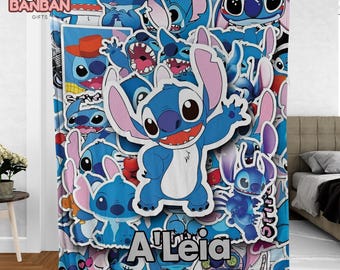 Personalized Stitch Blanket, Disney Stitch Collage Blanket, Custom Name Lilo And Stitch Throw Blanket, Cute Disney Gift