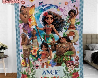Moana Personalized Blanket, Disney Moana Throw Blanket, Custom Name Kids Blanket, Moana Birthday Gift, Tropical Island Princess Blanket