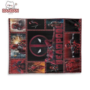 The image is a collage featuring various images of the Marvel superhero character Deadpool, including his iconic red and black costume, the distinctive Deadpool mask, and other related imagery.