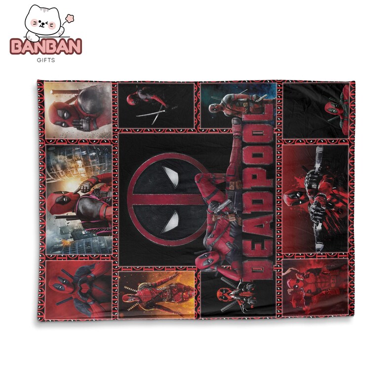 The image is a collage featuring various images of the Marvel superhero character Deadpool, including his iconic red and black costume, the distinctive Deadpool mask, and other related imagery.