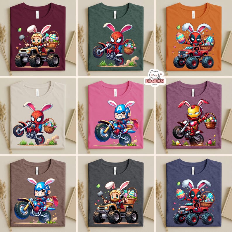 The image is a collage of nine t-shirts, each featuring a different cartoon character on a motorcycle. The characters include Spider-Man, Iron Man, Captain America, and a bunny. The t-shirts are arranged in a 3x3 grid, showcasing a variety of designs and colors.