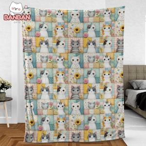Cute Cat Patchwork Blanket, Kawaii Kitten Throw Blanket, Cozy Gift for Cat Lovers