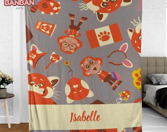 Turning Red Pattern Blanket, Personalized Mei Mei Red Panda Throw Blanket, Custom Name Kids Gift