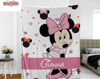 Personalized Disney Minnie Mouse Blanket, Custom Name Minnie Pink Throw, Cute Minnie Gift for Girls, Kids Bedroom Disney Decor