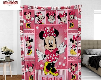 Minnie Mouse Personalized Blanket, Custom Name Minnie Pink Throw, Disney Girl Blanket, Cute Kids Gift