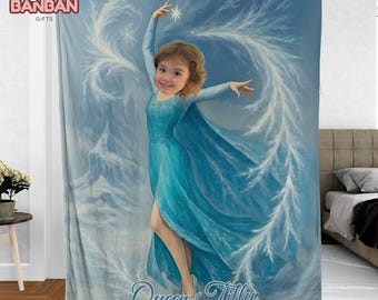 Personalized Ice Princess Blanket with Photo, Custom Girl Face Blanket, Frozen Style Princess Throw Blanket, Birthday Christmas Gift for Kid