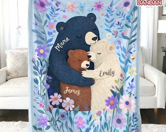 Personalized Mom Bear Blanket, Custom Family Name Blanket, Mother Kids Gift, Birthday Christmas Gift for Mom