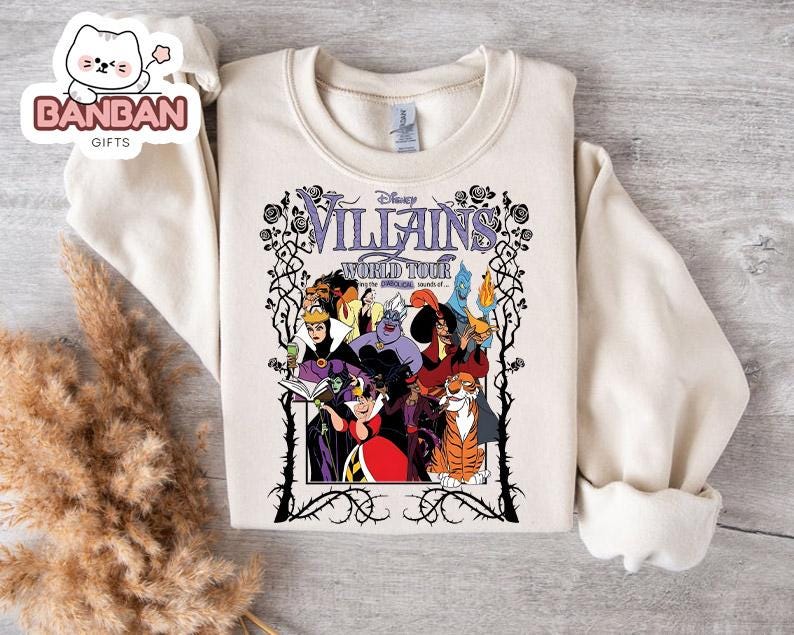 A white t-shirt with a graphic design featuring characters from the Disney animated film " Villains World Tour".