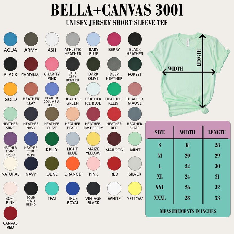 The image is a collage of various short sleeve t-shirt designs, each with a different color and size, along with a size chart and measurements in inches.