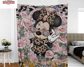 Minnie Mouse Personalized Blanket, Leopard Minnie Floral Throw, Custom Name Disney Girl Gift
