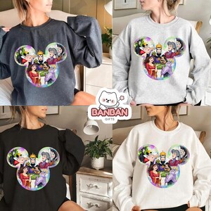 The image is a collage of four images featuring a woman wearing a gray sweatshirt with a Disney character design.