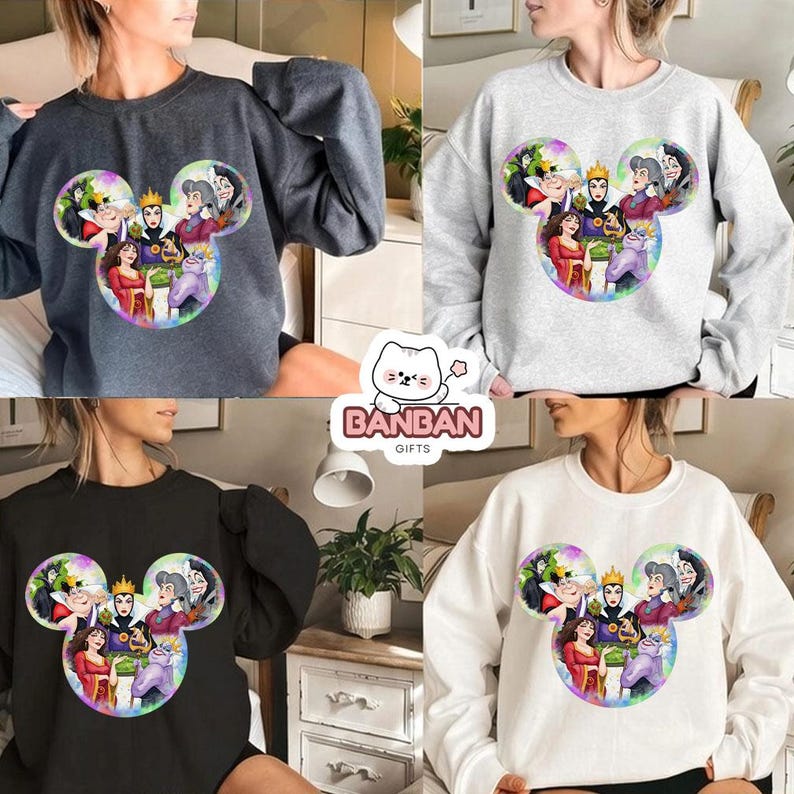 The image is a collage of four images featuring a woman wearing a gray sweatshirt with a Disney character design.