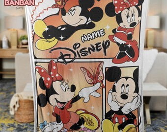Personalized Mickey Minnie Blanket, Custom Name Disney Vintage Comic Throw Blanket, Cute Disney Gift