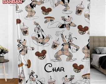 Personalized Goofy Blanket, Disney Goofy Pattern Throw Blanket, Custom Name Disney Blanket, Cute Cartoon Home Decor
