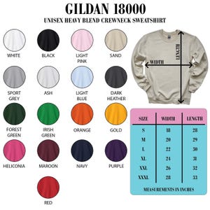 The image is a collage of various colored crew neck sweatshirts, along with size and width measurements for each color.
