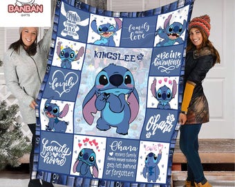 Personalized Disney Stitch Ohana Blanket, Custom Name Stitch Throw, Lilo and Stitch Family Blanket, Cute Cartoon Gift for Kids