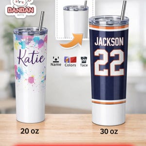 two customizable tumblers, one with a pink and blue design and the other with a navy blue and orange design. The tumblers are labeled with their respective names and sizes, with one being 20 oz and the other being 30 oz.