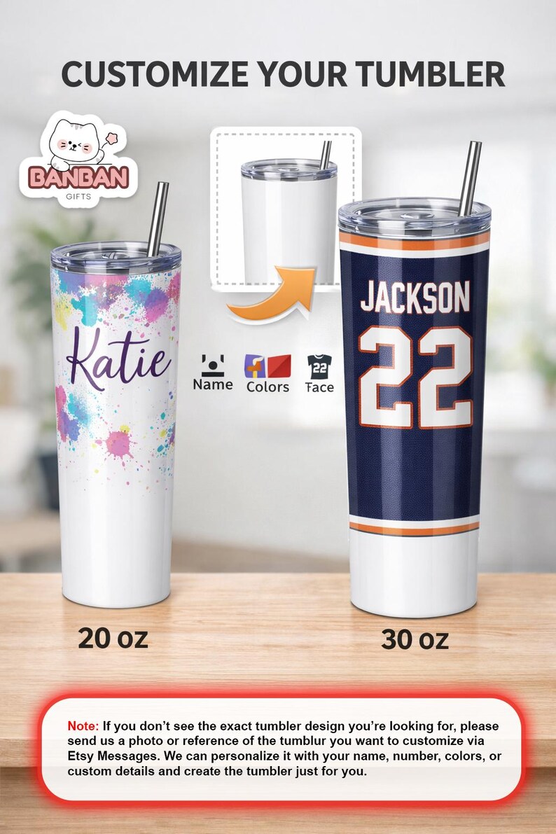 two customizable tumblers, one with a pink and blue design and the other with a navy blue and orange design. The tumblers are labeled with their respective names and sizes, with one being 20 oz and the other being 30 oz.