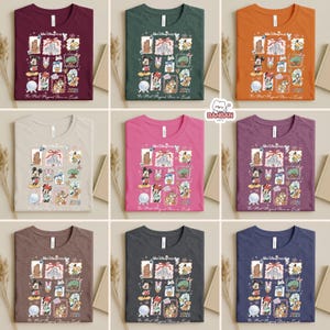 The image is a collage of nine t-shirts, each with a different color and design, showcasing various Disney characters and motifs.