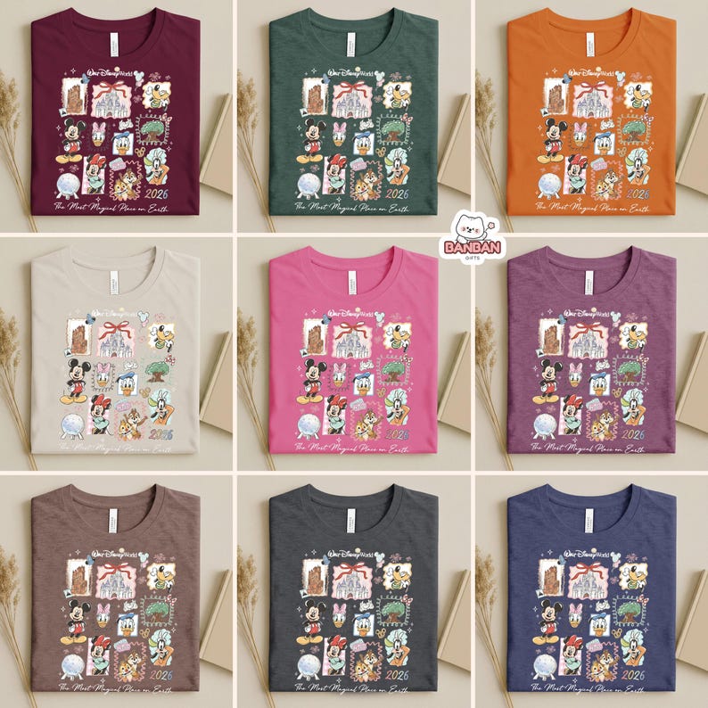 The image is a collage of nine t-shirts, each with a different color and design, showcasing various Disney characters and motifs.