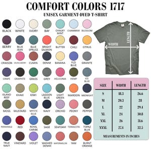 The image is a color swatch for a unisex garment-dye t-shirt, featuring a variety of different colored t-shirts alongside their corresponding measurements.